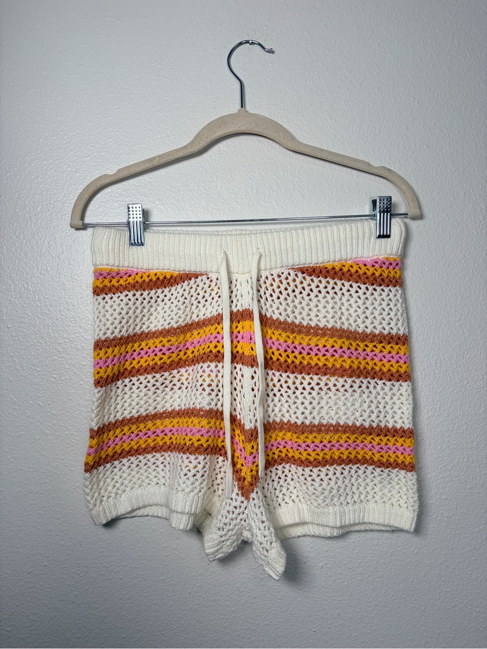 l*space Cream Crochet Knit Shorts with Pink and Orange Stripes